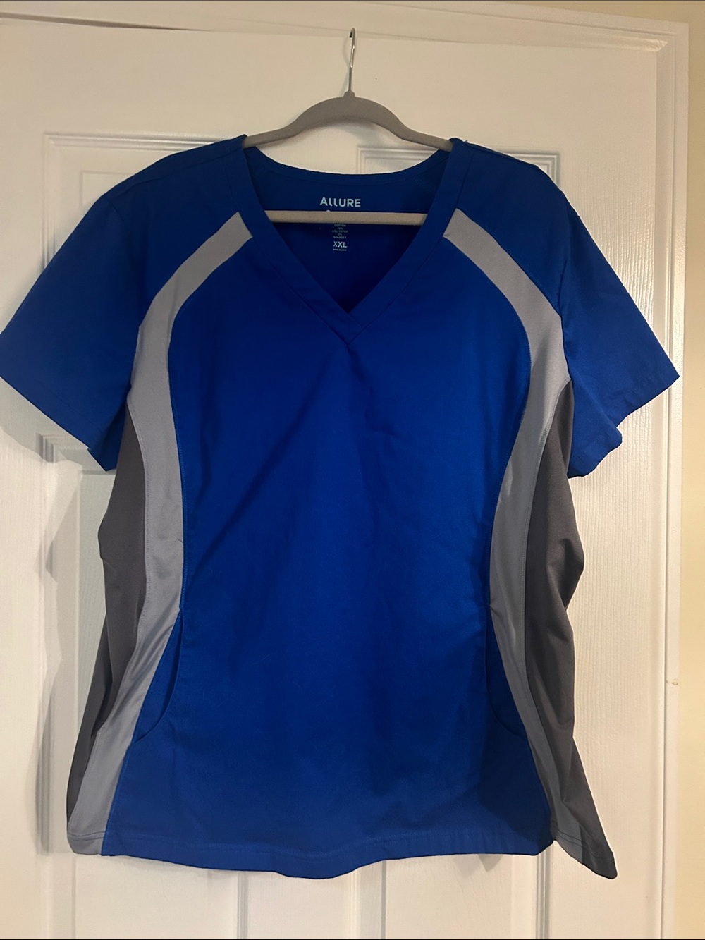 Allure Royal Blue and Gray V-Neck nursing scrub Top. 62% cotton